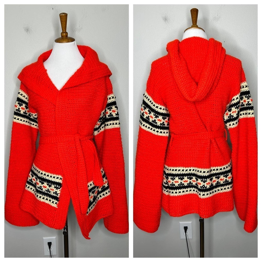 Vintage Handmade Crocheted Hooded Fair Isle‎ Cardigan